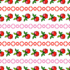 Seamless pattern with pink decorative roses with black stroke on white background. Victorian. Illustration for web design or print.