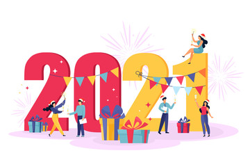 2021 Happy New Year business card. Vector illustration with little people getting ready for a party. Happy team celebrating a holiday raising toasts with champagne. Cartoon flat style.