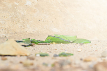 Broken glass on desert with soft sunlight