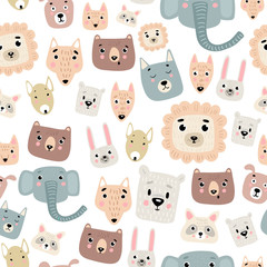 seamless kids pattern cute animal heads: lion, bear, fox, polar white bear, raccoon, wolf, pitbull, dog, rabbit, elephant