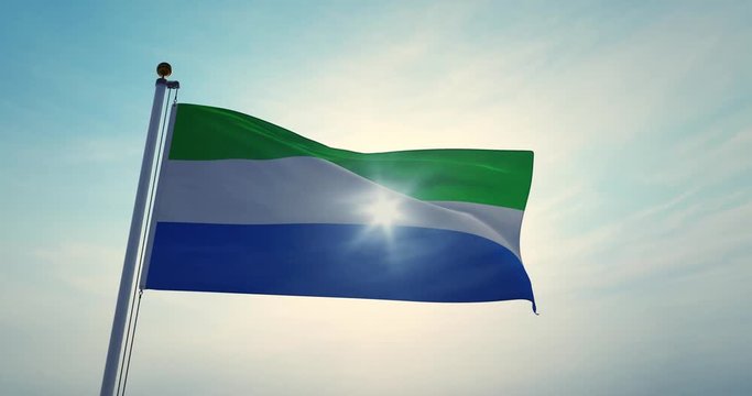 Sierra Leone flag flying backlit in the sky. Waving Sierra Leonean emblem and flagpole in sunlight - Video 3d animation