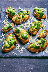 Vegan snack: broccoli melt sandwiches, top view