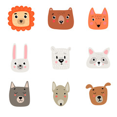 9 cute animal heads: lion, bear, Fox, hare, polar white bear, raccoon, wolf, pit bull, dog