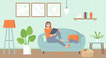 Home entertainment, isolation period, relax concept. Cozy interior living room with a cat. Girl on sofa reading a book. Stock vector illustration in cartoon flat style.