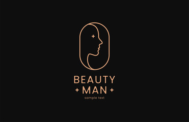 Beauty man fashion cosmetic shop logo. Golden Abstract vector template linear style on a black background