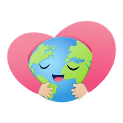 Save earth concept, Paper art style of the world smiles happily in both arms shaped like a heart, Happy earth day, World environment day