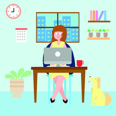 Mujer trabando desde casa con un ordenador y su mascota