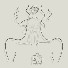 Concept of broken heart, loneliness, unrequited love and treason, vector illustration. Line silhouette of naked suffering woman without a puzzle piece in her chest