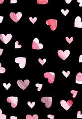Watercolor illustration of pink hearts on a black background