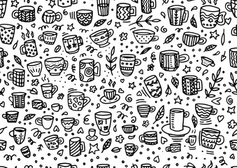 doodle illustration. black lineart mug of coffee. seamless pattern for background