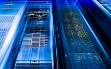 Racks with powerful servers are in the data center. The computer equipment of Internet provider is...