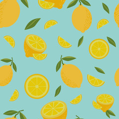 Set of whole and sliced fresh lemons with leaves, pastel color seamless pattern. Citrus fruits colorful background for printing on fabric or wallpaper