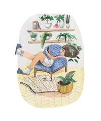 Watercolor composition, a fragment of the interior of the living room in the Scandinavian style, a girl in a chair with a smartphone. The design in the style of Hygge, and beckons to stay at home