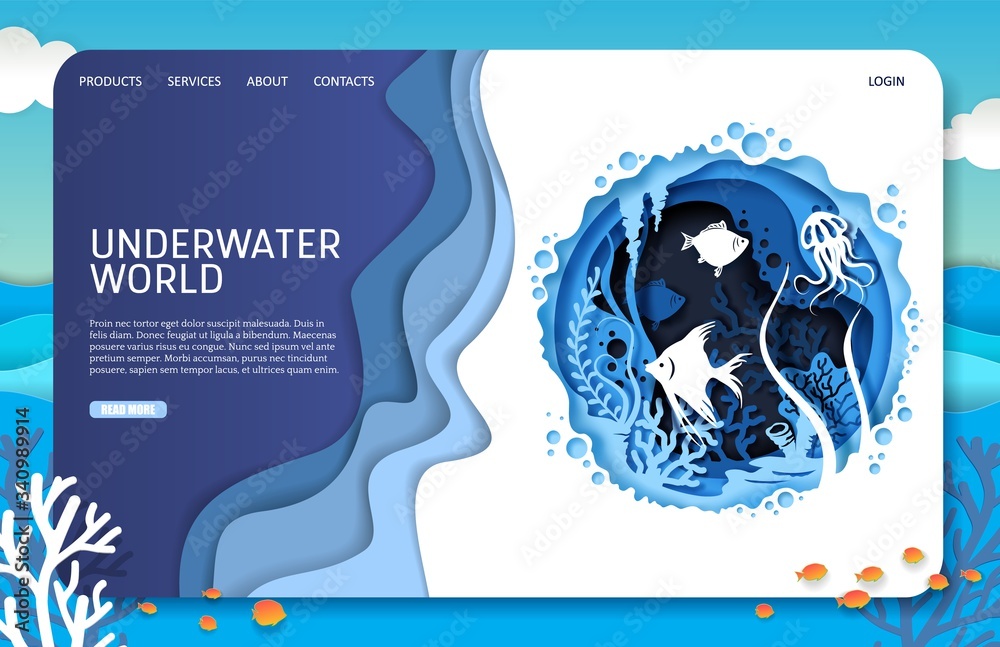 Sticker underwater world vector website landing page design template