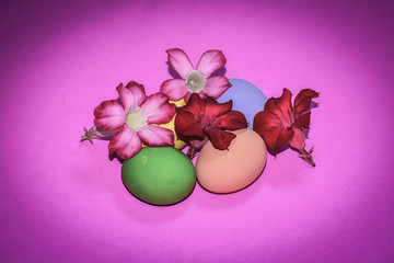 Pink background with flowers and Easter eggs.