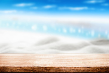 Desk space over summer sea side sunny day background. Product display montage