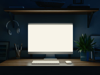 Stylish or modern workspace with computer on home or studio, 3d rendering - obrazy, fototapety, plakaty