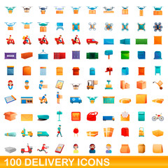 100 delivery icons set. Cartoon illustration of 100 delivery icons vector set isolated on white background