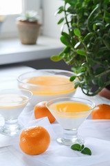 Creamy orange Panna cotta in a glass transparent dessert bowls on the table with a white tablecloth.