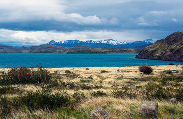 The Pehoe lake, one of the main lakes of the Torres del Paine national park, Patagonia, Chile.