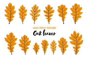 Oak leaves illustration with a detailed lino print texture. Autumn colors