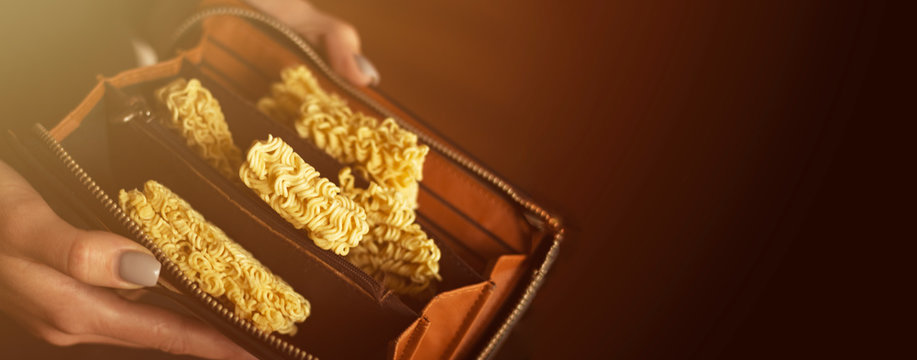 No Money Concept And Expenditures ,noodles In Pocket, Hand Of Senior Open Pocket, No Money In The Business Wallet