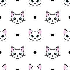 Seamless pattern with cute black and white cat heads. Texture for wallpapers, stationery, fabric, wrap, web page backgrounds, vector illustration