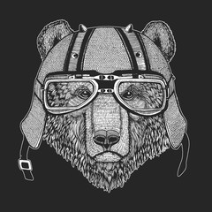 Wild bear. Vintage motorcycle leather helmet. Portrait of animal for emblem, logo, tee shirt.