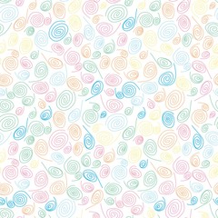 Fototapeta na wymiar Seamless Endless Funny Sweet Background Pattern of Swirls and Curls. Gift Wrapping or Invitation Template. Hand Drawn Doodle Style Craft Backdrop. Blue, Yellow, Pink, Green, White.