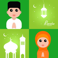 flat illustration ramadan background with ramadan kareem cartoon character design