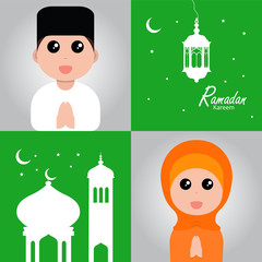 flat illustration ramadan background with ramadan kareem cartoon character design