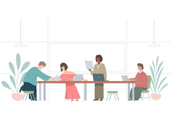 Illustration with people working in office. Flat coworkers characters.