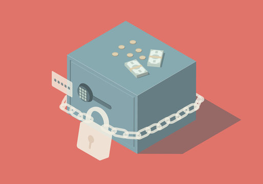 Isometric illustration with safe, chain and money.