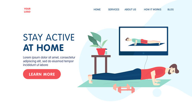 Fitness online class landing page template concept. Man doing fitness at home in online classes using his TV screen. Vector flat cartoon illustration