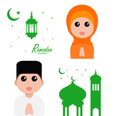 flat illustration ramadan background with ramadan kareem cartoon character design