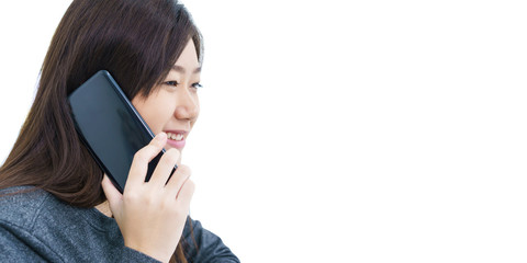 Fototapeta premium Young woman long hair talking by mobile phone
