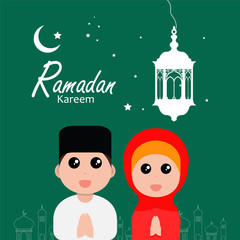 flat illustration ramadan background with ramadan kareem cartoon character design