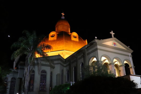 Sao Carlos, SP, Brazil : Night picture of the historical Cathedral of Sao Carlos City.