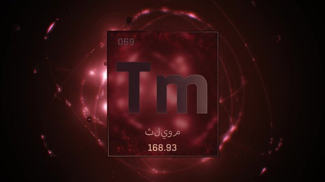 Thulium as Element 69 of the Periodic Table. Seamlessly looping 3D animation on red illuminated atom design background orbiting electrons name, atomic weight element number in Arabic language