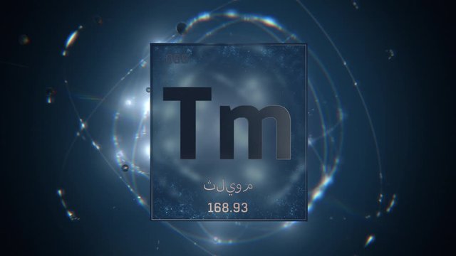Thulium as Element 69 of the Periodic Table. Seamlessly looping 3D animation on blue illuminated atom design background orbiting electrons name, atomic weight element number in Arabic language