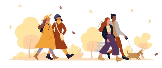 Woman friends, lovers couple walking in autumn park. Young family airing dog. People enjoying cozy pastime. Spare time on nature. Fall season outdoor. Good vibes, sweet moments. Seasonal fun activity