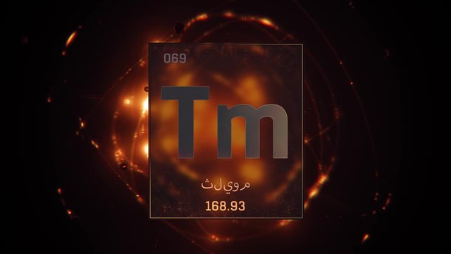 Thulium as Element 69 of the Periodic Table. Seamlessly looping 3D animation on orange illuminated atom design background orbiting electrons name, atomic weight element number in Arabic language
