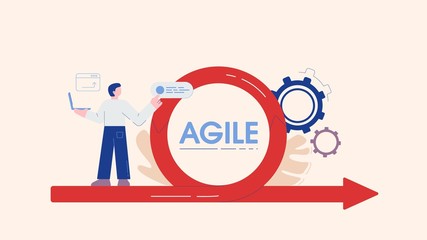 Cartoon male engineer with laptop working on scrum development life cycle process vector flat illustration. Programmer man with infographic software isolated on white. Agile methodology concept