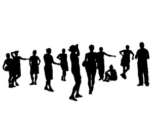 Crowds young people on street. Isolated silhouette on a white background