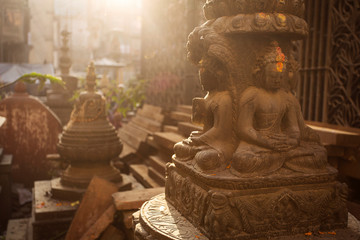 Buddha statue in a middle of a temple in Kathmandu, Nepal