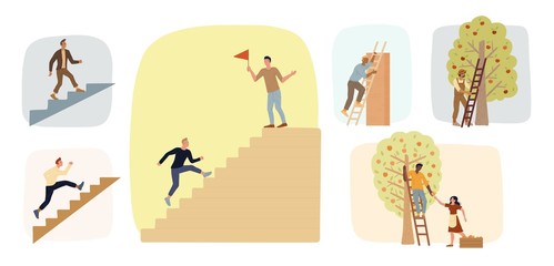 Big set of men climbing up stairs. Farmers using ladders to gathering fruit harvest. Achieving ambitions, desire for power, career growth. Vector flat business, agriculture illustrations collection.