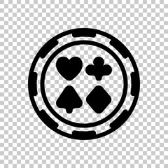 Casino or poker chip with hearts, spades, diamonds and clubs. Black symbol on transparent background