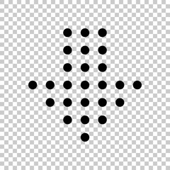 Dot arrow cursor, down direction, download. Black symbol on transparent background