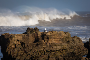 Big waves on a sea with blue background in Essaouira, Morocco.
