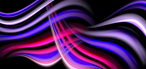 Abstract silk smooth lines on black, multicolored liquid fluid rainbow style waves on black